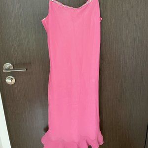 pretty soft chiffon pink dress with floral details at the neckline
